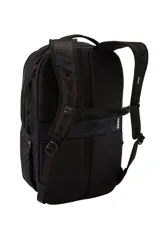Mochila Thule Subterra de 30 litros, color negro, con logo blanco en el frente. Cuenta con funda acolchada para laptop de 15,6", bolsillo para tableta, PowerPocket para organizar cables y correas acolchadas para los hombros. Se puede sujetar a una maleta con ruedas.