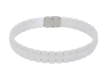 Pulsera rígida de cerámica blanca con eslabones rectangulares y cierre metálico plateado.
