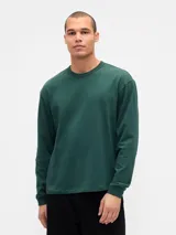 Remera de manga larga de corte holgado, confeccionada en tejido de algodón pesado, con cuello redondo y puños elásticos.