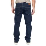 Pantalón de jean azul oscuro, corte slim fit, con bolsillos delanteros y traseros.