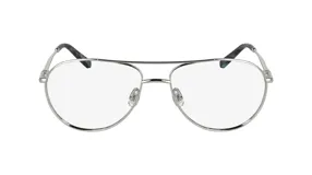 Lentes de receta con armazón estilo aviador en metal plateado, con puente doble y terminales de patillas en acetato con patrón carey.