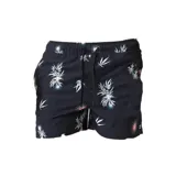 Short de baño Billabong de color negro con estampado de hojas y estrellas, cintura elástica con cordón ajustable.