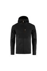 Campera polar con capucha para hombre, marca Fjällräven, modelo Abisko Trail Fleece. Color negro con cierre frontal completo, bolsillo vertical en el pecho y dos bolsillos laterales con cierre.