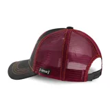 Gorro tipo trucker con frente estampado de Bugs Bunny y la frase That's all folks, con paneles laterales y traseros de malla en color bordó y visera curva negra con costuras en contraste.