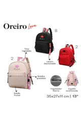 Mochila urbana negra con detalle de labios rojos bordados y texto bordado en blanco. Cuenta con correas ajustables rojas con la palabra 'AMOUR' estampada, bolsillo frontal con cierre y bolsillos laterales de red.