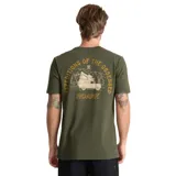 Remera Roark Camper de manga corta y cuello redondo, color verde militar, confeccionada en algodón con acabado teñido en prenda. Presenta un pequeño estampado gráfico en el pecho con la inscripción "ROARK".