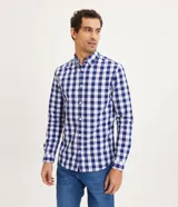 Camisa de manga larga para hombre, color azul y blanco, con estampado de cuadros vichy y cuello abotonado.