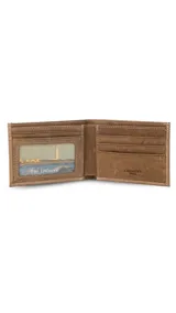 Billetera de cuero marrón con costura artesanal en el exterior. El interior cuenta con compartimentos para billetes, visor transparente para documentos y múltiples tarjeteros.