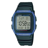 Reloj digital Casio modelo W96H-2AVDF, con caja de resina negra y detalles en azul, pantalla digital con visualización de hora, fecha y día de la semana, cronómetro, alarma y luz.