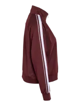 Campera deportiva de cuello alto con cierre frontal completo, mangas largas raglán con franjas laterales blancas en contraste y puños elásticos.