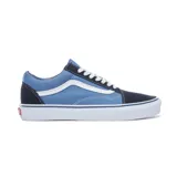 Zapatillas Vans Old Skool de lona azul y detalles en negro. Presentan la clásica sidestripe blanca de Vans en los laterales y suela de goma blanca con línea negra.