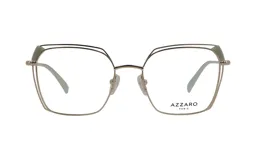 Armazón para lentes de receta Azzaro, de metal dorado con detalles en verde, de forma geométrica.