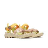 Sandalia deportiva Merrell con diseño ergonómico, correas ajustables de velcro en tonos amarillos, beige y rosado, y suela de goma con relieve para mayor tracción.
