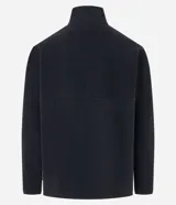 Saco de polar negro con cuello alto y cierre frontal parcial, de manga larga y diseño de corte recto.