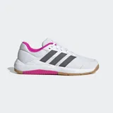Championes Adidas Dropset Base blancos con detalles en gris y rosa. Presentan las tres tiras características de Adidas en gris y suela de goma color caramelo.
