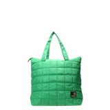 Cartera tipo tote bag de diseño acolchado con costuras cuadradas, color verde vibrante. Cuenta con doble asa superior y cierre principal, con una etiqueta de marca N+ en la esquina inferior.