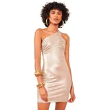 Vestido corto dorado de fiesta, con un solo hombro y frunce lateral.