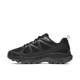 Championes de senderismo Merrell modelo Tempo Exp, color negro con detalles en gris oscuro. Presentan una construcción robusta con malla transpirable y refuerzos sintéticos, cuello acolchado, cierre de cordones y suela de goma con tacos para mayor tracción y absorción de impactos.