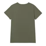 Remera verde militar de jersey con cuello en V y mangas cortas. Estampado frontal con el logo de Caterpillar en color plateado y la leyenda "Since 1904".