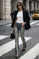 Jean de tiro bajo con efecto desgastado y costuras decorativas que realzan la silueta. Presenta un corte ajustado en la cadera y muslos con una leve apertura acampanada en la botamanga, incorporando un cierre frontal visible.