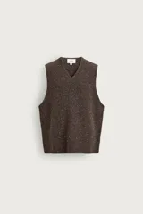Chaleco de punto marrón melange con cuello en V, sin mangas y corte regular fit.