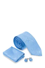 Set de regalo Florenzi, compuesto por corbata azul con estampado de flores blancas, pañuelo de bolsillo a juego y gemelos forrados en la misma tela. Presentado en caja negra con el logo de la marca.