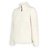 Buzo polar de micropolar ligero, color beige, con cuello alto y cierre frontal parcial de un cuarto de cremallera. Presenta ribetes elásticos en el cuello, puños y dobladillo.