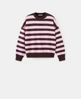 Jersey de punto con diseño de rayas horizontales en color marrón y rosado, de manga larga y cuello redondo.