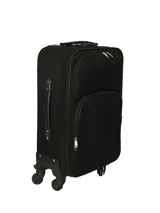 Valija carry on negra de tela twill, con bolsillos frontales con cierre, cuatro ruedas multidireccionales y asa telescópica ajustable.