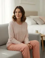 Pijama de dos piezas compuesto por una remera de manga larga con cuello redondo y cierre frontal de botones, y un pantalón de corte recto con cintura elástica. El conjunto presenta un acabado melange en tonos rosados.