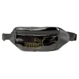 Riñonera Puma Core Up negra de charol con logo dorado estampado.