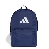 Mochila Adidas de diseño clásico en color azul, con el logo de la marca estampado en blanco en la parte frontal. Cuenta con un compartimento principal amplio y un bolsillo frontal con cierre.