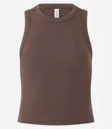 Musculosa cropped de calce ajustado, confeccionada en tejido de ribana acanalado con cuello redondo. Presenta un diseño básico sin mangas y superficie con textura de rayas verticales en relieve.