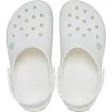 Zuecos Crocs modelo Crocband™ en color lila claro con plataforma blanca y una línea decorativa morada. Presentan el diseño clásico con orificios de ventilación y tira trasera ajustable.