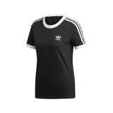Remera negra de Adidas con cuello redondo y mangas cortas con ribete blanco. Presenta las tres rayas blancas características de la marca en los hombros y el logo bordado en el pecho.
