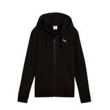 Campera con capucha y cierre frontal completo, color negro, con logo de la marca bordado en blanco en el pecho.