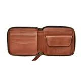 Billetera marrón de cuero con cierre de cremallera y protección RFID.