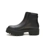 Bota de cuero negro con diseño tipo Chelsea, plataforma alta dentada y cierre lateral metálico con logo de la marca visible en el lateral.