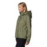 Campera impermeable Columbia modelo Hikebound II, color verde militar. Cuenta con capucha ajustable, cierre frontal con solapa, bolsillos laterales y un bolsillo en el pecho con cremallera. Diseñada con tecnología Omni-Tech™ y costuras selladas para mayor protección contra la lluvia.