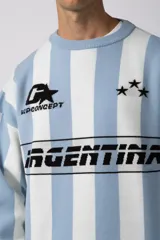 Sweater de tejido de punto con diseño a rayas verticales en color celeste y blanco. Presenta un corte holgado, cuello redondo y detalles gráficos en negro en el frente, incluyendo la palabra 'Argentina' y estrellas bordadas.
