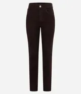 Pantalón slim de jeans color marrón, con cintura media, cierre tradicional con cremallera y botón, trabillas en la cintura, bolsillos delanteros y traseros con encaje.