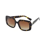 Lentes de sol con armazón cuadrado de acetato en estampado carey y cristales degradados en tono marrón. Presentan detalles metálicos dorados en las patillas.