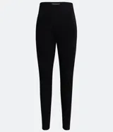 Pantalón legging de tiro alto color verde oliva, confeccionado en material sintético con recortes verticales y cierre lateral con cremallera.