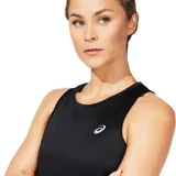Musculosa deportiva Asics de mujer, color negro, con logo estampado en el pecho. Ideal para running y entrenamiento.