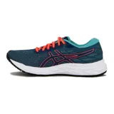 Championes Asics Gel-Excite 7 para mujer, de color azul con detalles en turquesa y cordones naranjas, ideales para running.