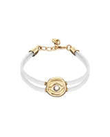 Pulsera de cuero doble color blanco con dije central dorado en forma de ojo con cristal.