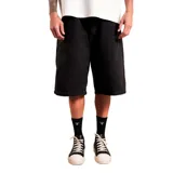 Bermuda de jean negra, corte ancho y largo, estilo skater.