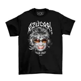 Remera negra de algodón con estampado frontal de Celia Cruz y la palabra Azúcar en tipografía gótica.