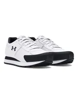 Championes Under Armour modelo Essential Runner, color blanco con detalles en negro, de estilo retro, con parte superior de nailon y revestimientos de gamuza, entresuela de EVA y suela de goma.
