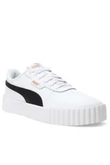 Championes Puma Carina 3.0, modelo deportivo para mujer en color blanco con franja lateral negra y suela de plataforma texturizada.